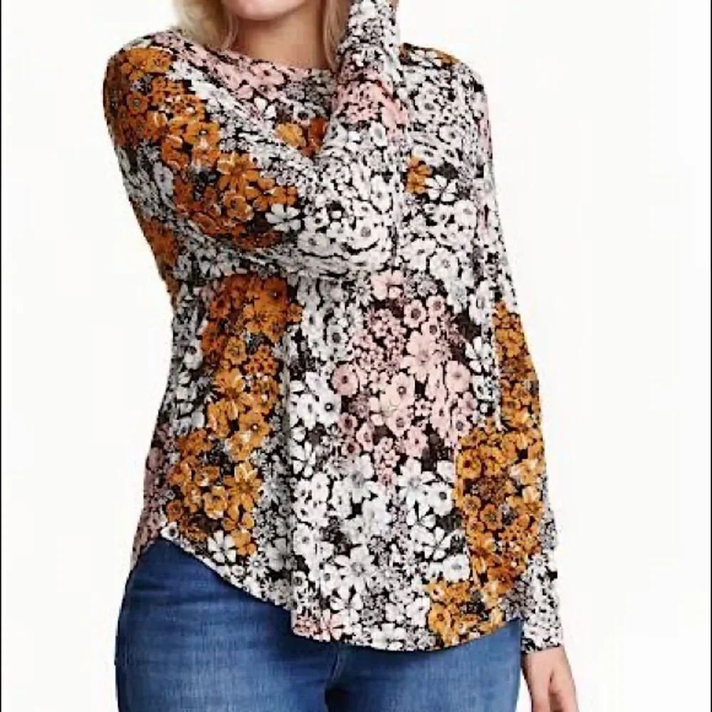 H&M Floral Sheer tunic Long Sleeve Blouse Peasant Mock High Neck button up -2